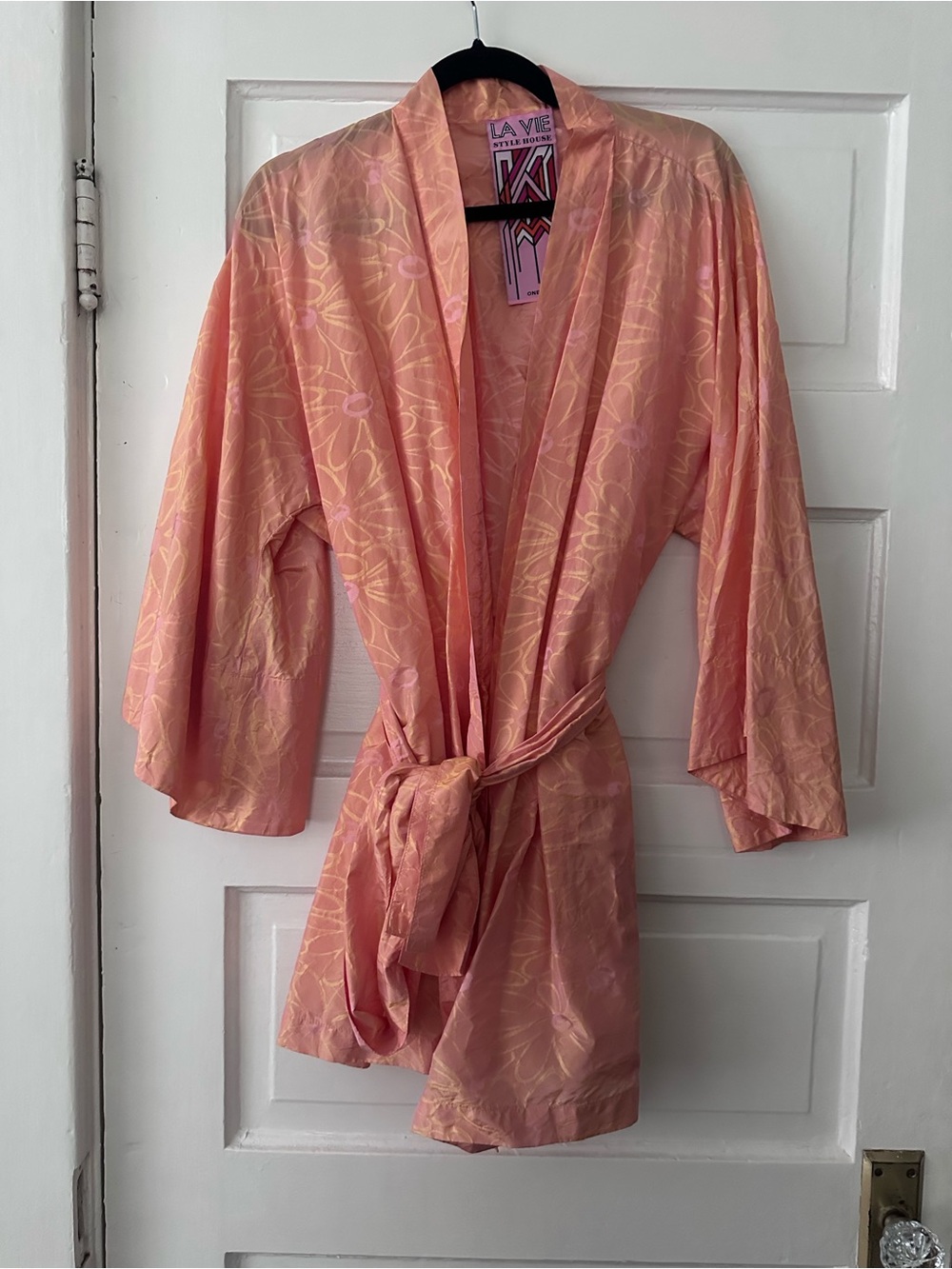 La Vie Peach Floral Satin Kimono Mini Dress